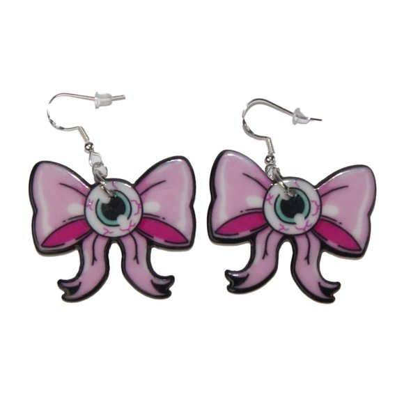 3/$25 Creepy Cute Eye Ball‎ Pink Bow Earrings Craft w/ hypoallergenic 925 Silver - Picture 2 of 2